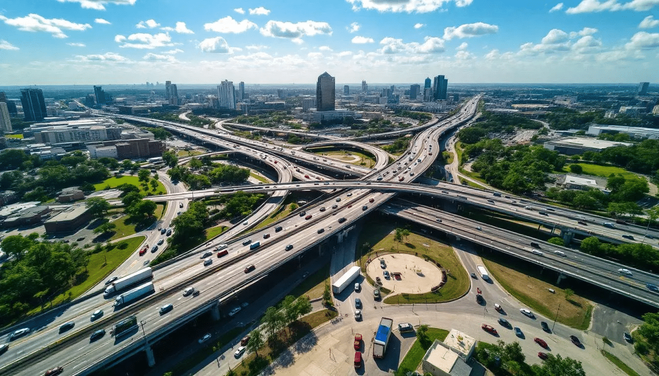 An aerial view of a busy highway intersection in Houston reveals multiple lanes filled with vehicles, illustrating the heavy traffic typical of the city. This scene highlights the potential for car accidents, emphasizing the importance of experienced Houston car accident lawyers for those who may become accident victims.