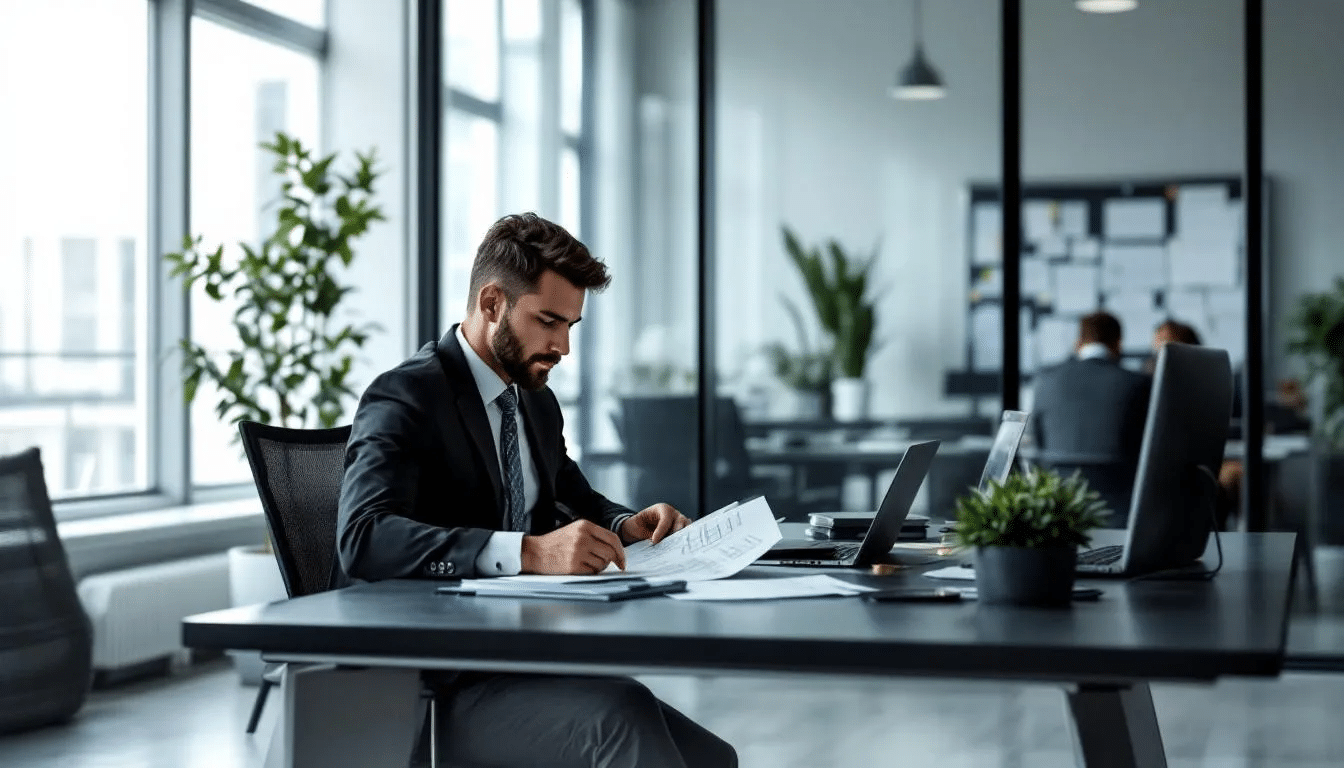 An experienced attorney is diligently reviewing legal documents in a modern office setting, focusing on workplace accident cases and workers compensation claims. The scene reflects a professional atmosphere, emphasizing the importance of legal assistance for injured workers seeking fair compensation for their injuries.