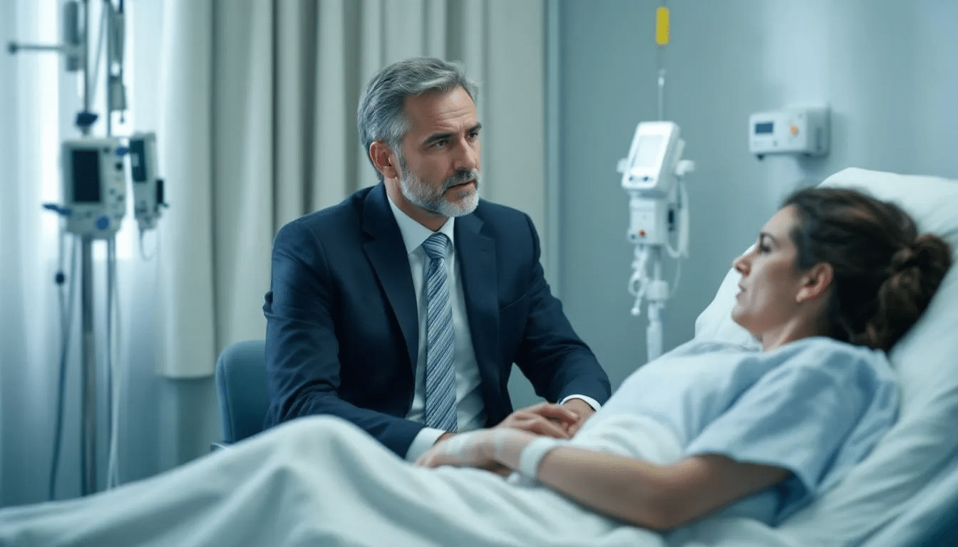 Catastrophic Accident Lawyer: Expert Legal Representation for Life-Altering Injuries 1 A professional lawyer is consulting with an injured client in a hospital room, discussing the details of their catastrophic injury case. The setting conveys a serious tone, highlighting the importance of legal representation for victims of traumatic brain injuries and spinal cord injuries in personal injury claims.