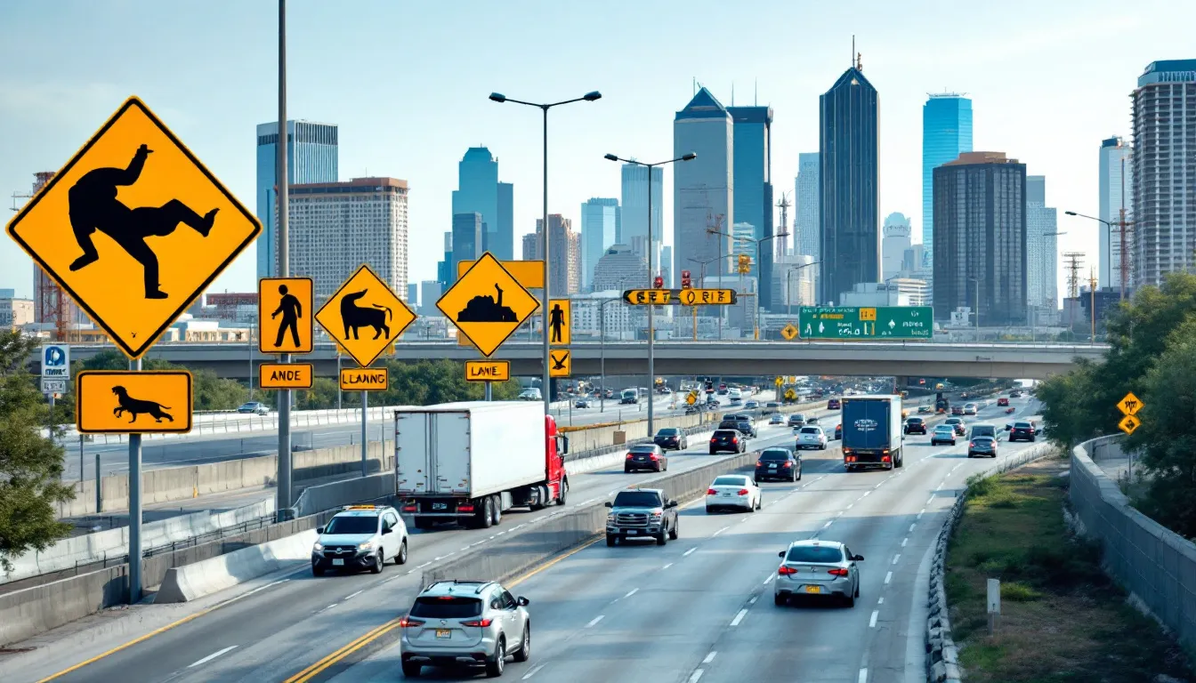 The image depicts traffic safety signage and infrastructure along a Houston highway, showcasing warning signs and guardrails designed to prevent accidents. This scene highlights the importance of road safety in light of recent incidents, including a fatal crash that occurred on the Sam Houston Parkway, where a burning vehicle was involved.