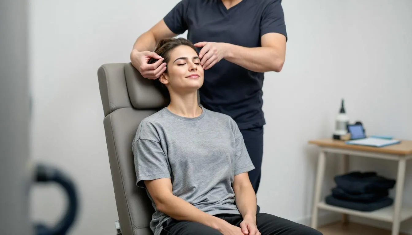 Compensation for Concussion and Whiplash: Settlement Amounts and Legal Guide 2 The image shows a person engaged in a physical therapy session focused on neck rehabilitation, likely addressing issues related to whiplash and concussion injuries. The therapist is assisting the individual with exercises aimed at alleviating neck pain and improving mobility after a traumatic brain injury or car accident.
