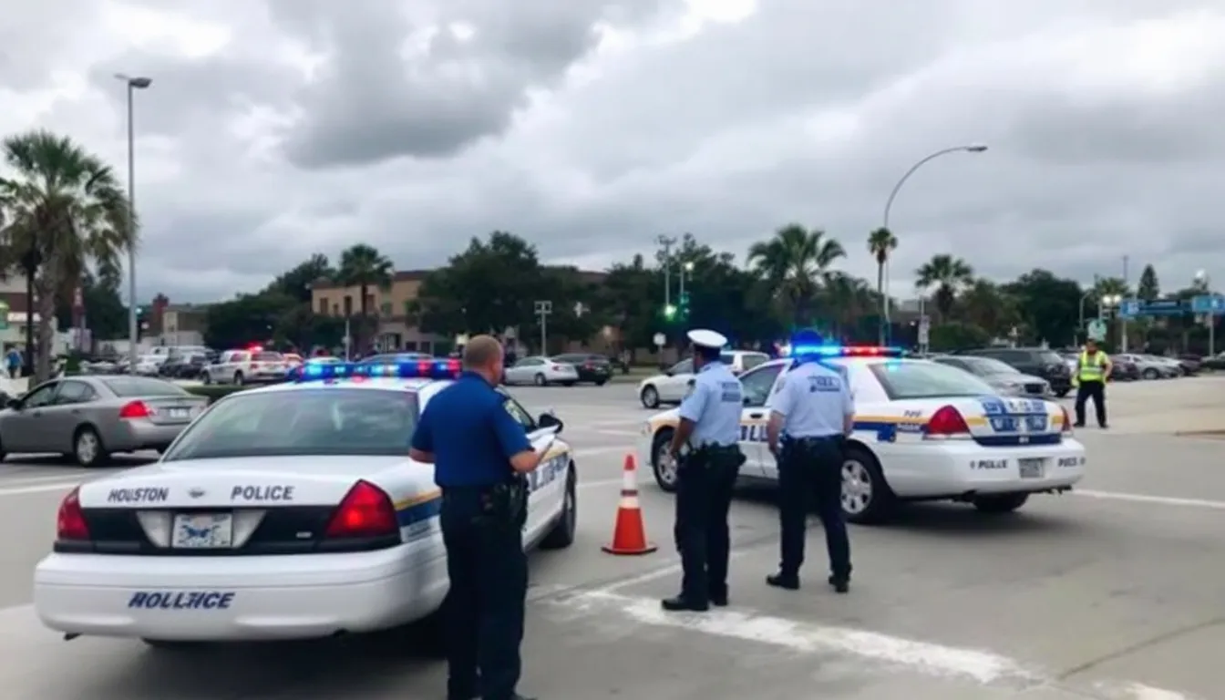 Houston police vehicles are gathered at an intersection, conducting a traffic investigation following a fatal crash. The scene shows officers examining the area while a burned vehicle is visible, indicating the seriousness of the incident that resulted in the death of a passenger.