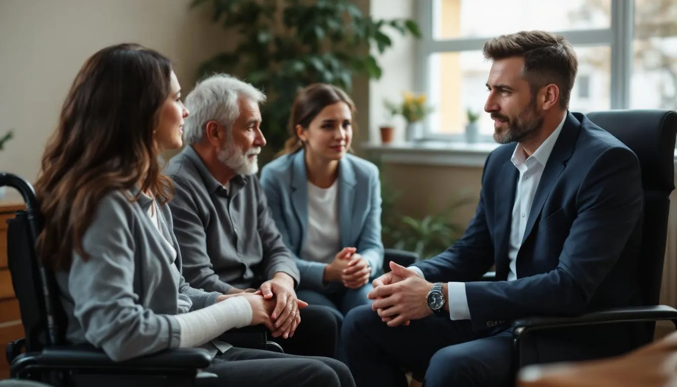 Catastrophic Accident Lawyer: Expert Legal Representation for Life-Altering Injuries 4 A compassionate catastrophic injury lawyer sits with an injured client and their family members, discussing the details of their personal injury claim. The atmosphere is supportive as they navigate the complexities of the legal process following a traumatic brain injury or spinal cord injury.