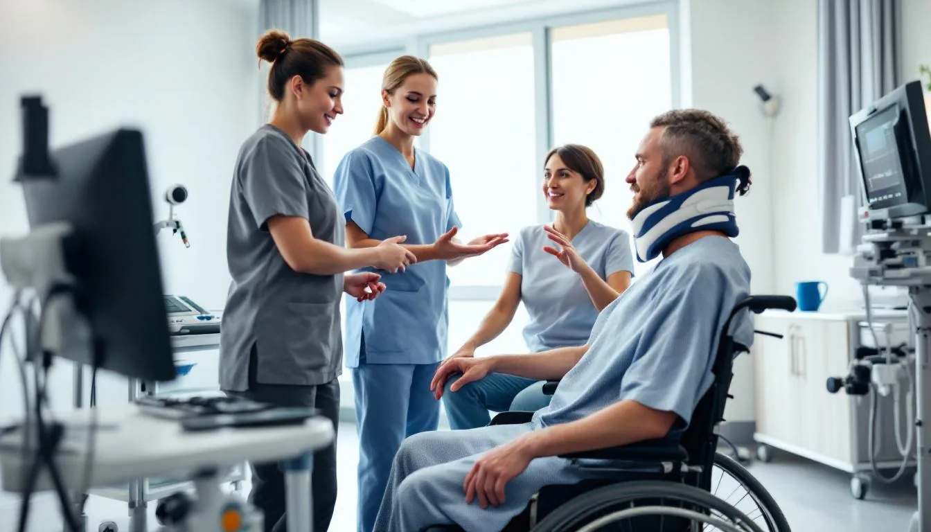 Brain Damage Rehabilitation: Complete Guide to Recovery and Treatment Options 1 A medical team is seen providing Brain Damage Rehabilitation therapy to a patient in a modern hospital setting, focusing on cognitive rehabilitation and physical therapy. This comprehensive rehabilitation program aims to support recovery from traumatic brain injuries, enhancing the patient's physical function and emotional well-being.