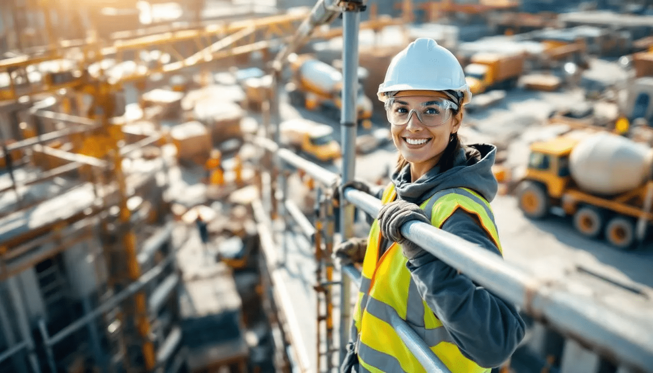 A construction worker is seen wearing personal protective equipment, including a hard hat and safety vest, while working on a job site with scaffolding in the background. This image highlights the importance of workplace safety and the potential for workplace injuries, underscoring the need for experienced workplace accident attorneys to assist injured workers in navigating workers compensation claims.