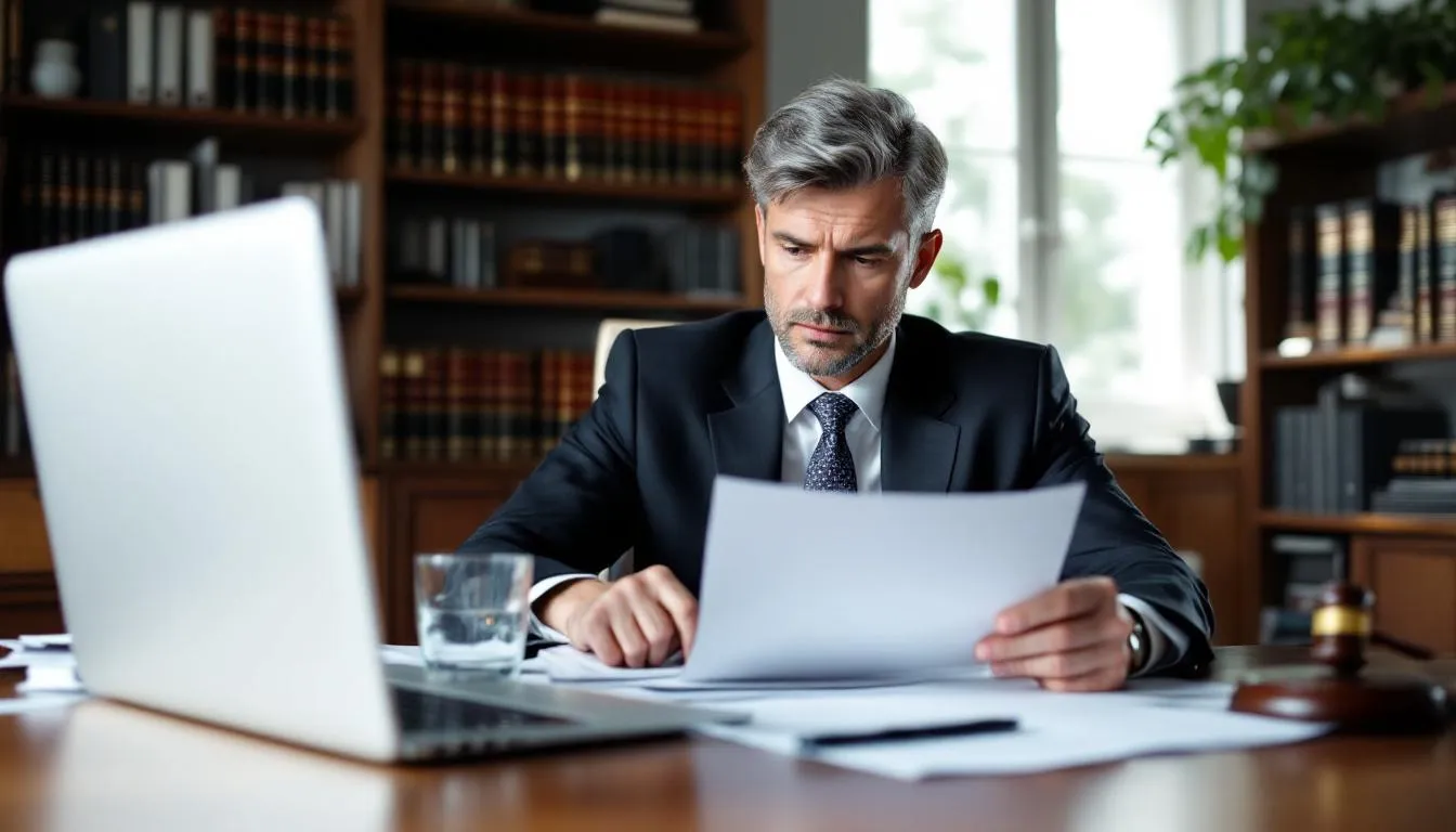 A professional lawyer is seated at a desk, meticulously reviewing legal documents related to oil field accidents, emphasizing the importance of legal representation for injured workers in the oil and gas industry. The setting conveys a focus on personal injury claims, including serious injuries such as traumatic brain injuries and spinal cord injuries resulting from oil field incidents.