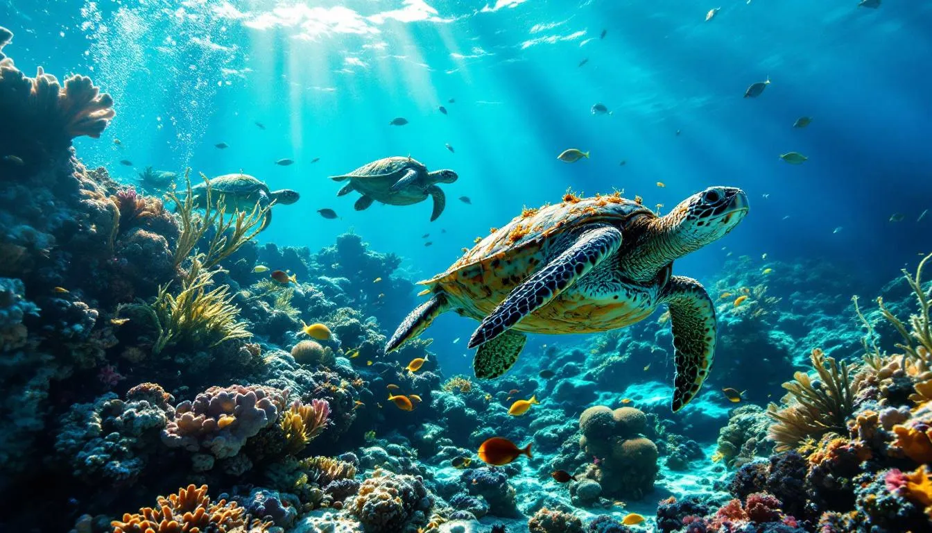 Deepwater Explosion: The 2010 Deepwater Horizon Disaster That Changed Offshore Drilling Forever 3 The image depicts a vibrant ocean environment featuring marine wildlife, including sea turtles gracefully swimming amidst the waves. This scene highlights the rich biodiversity of the Gulf of Mexico, which has been impacted by events such as the Deepwater Horizon oil spill, emphasizing the ongoing need for environmental protection and restoration efforts.