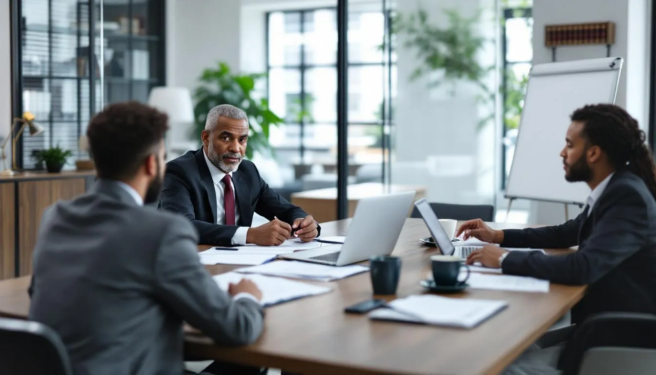 In a professional office setting, a lawyer is meeting with clients to discuss their personal injury claim related to oil field accidents. The atmosphere is serious as they review medical expenses, lost wages, and the legal options available for injured oil field workers seeking fair compensation for their traumatic injuries.