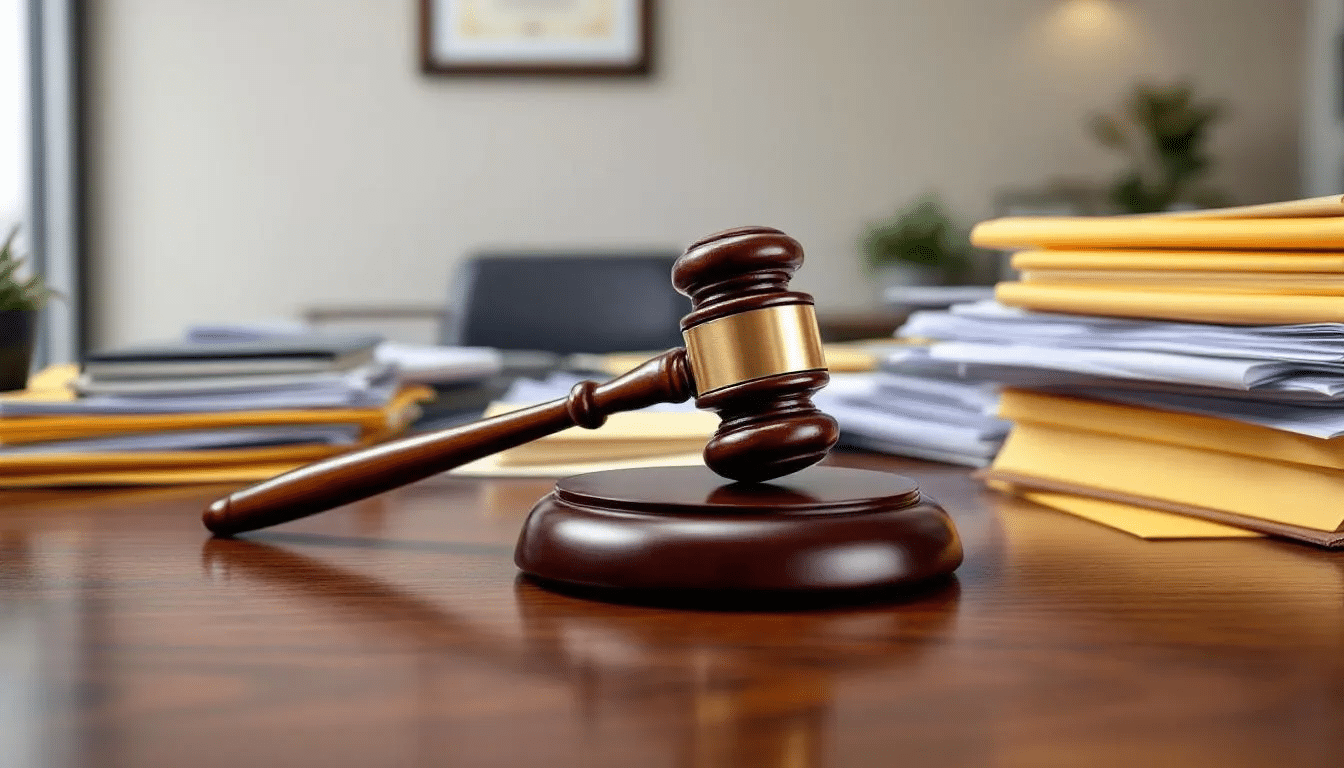 A wooden desk is adorned with a gavel and various legal documents, symbolizing the legal proceedings often involved in personal injury cases, such as those handled by experienced Houston car accident lawyers. This image reflects the serious nature of car accidents and the importance of legal representation for accident victims seeking fair compensation.