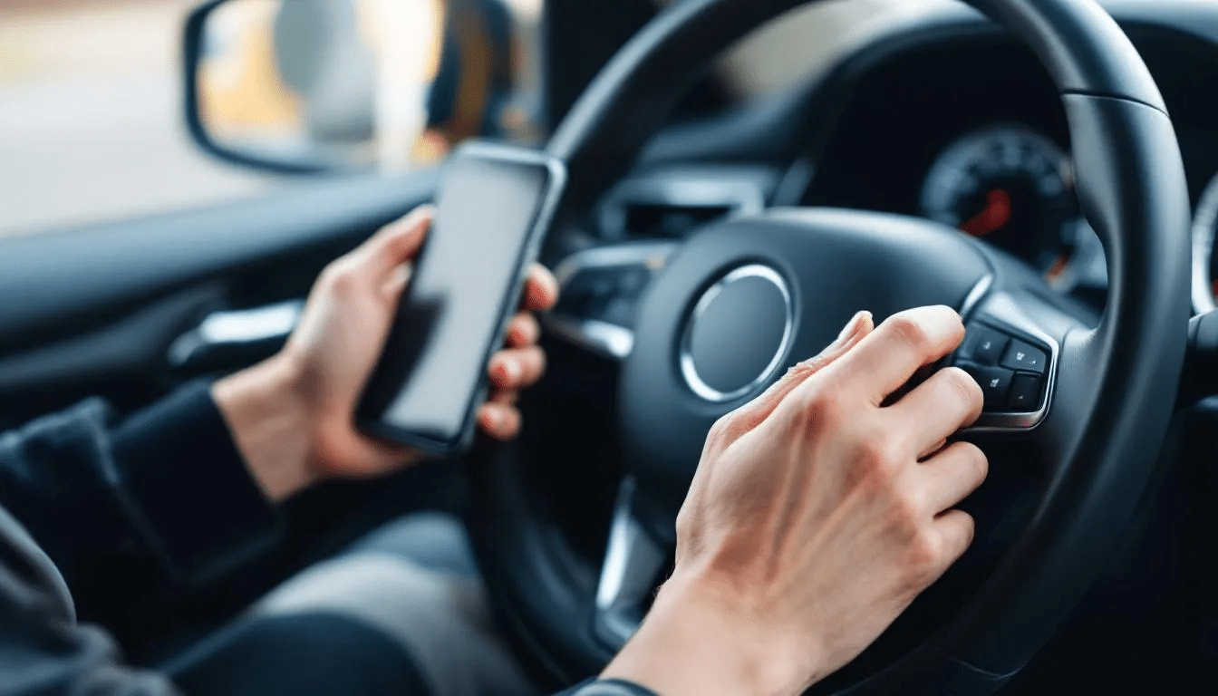The image shows a close-up of hands gripping a steering wheel, with a smartphone prominently displayed, illustrating the dangers of distracted driving. This scenario highlights the risks associated with car accidents, emphasizing the importance of legal support from experienced Houston car accident lawyers for victims seeking fair compensation.