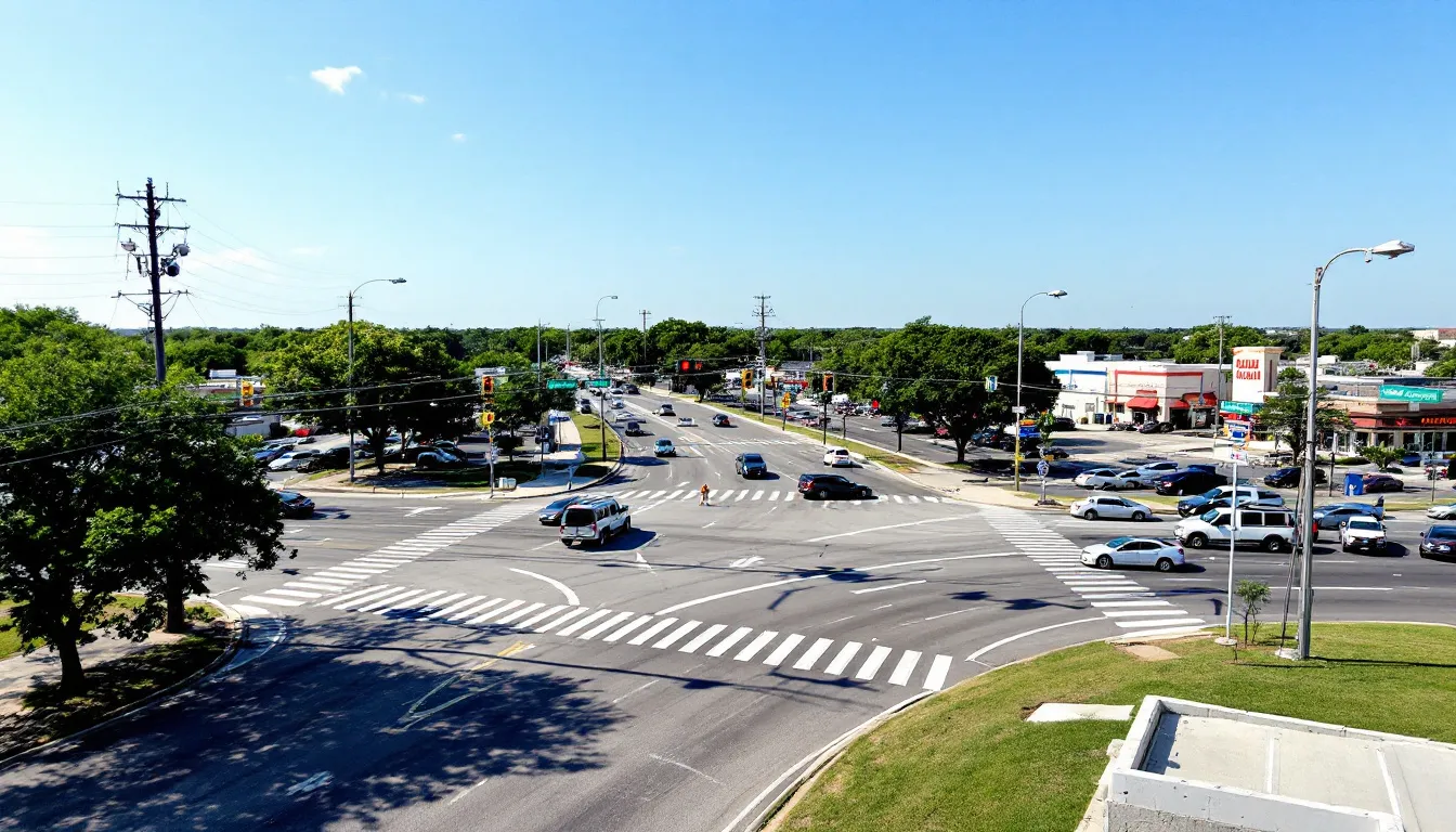 The image shows a busy intersection in Corpus Christi, Texas, featuring traffic signals and signage, with vehicles stopped at the red light. This scene is typical of urban traffic areas where accidents can occur, and local news often reports on incidents involving serious injuries or fatalities, highlighting the role of the Corpus Christi Police Department in managing such situations.