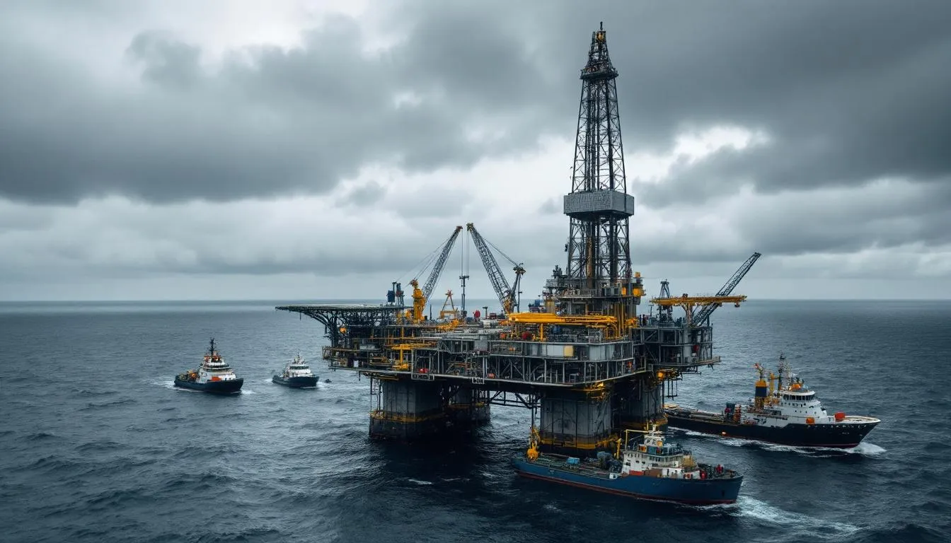 An offshore oil drilling platform is actively operating with multiple derricks and support vessels surrounding it, showcasing the complex infrastructure of the oil industry. This scene highlights the ongoing processes of offshore drilling, with workers and equipment engaged in the extraction of oil and natural gas from beneath the ocean floor.
