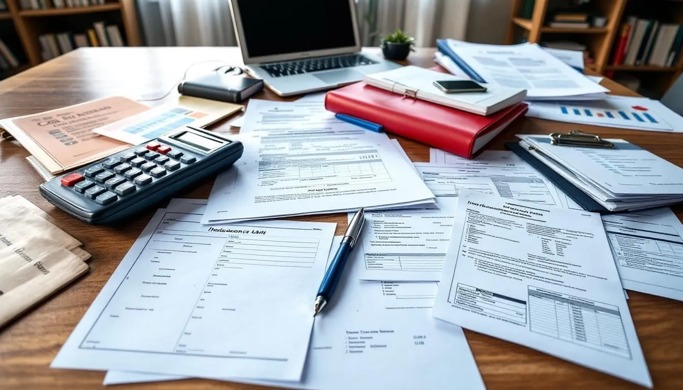 Compensation for Concussion and Whiplash: Settlement Amounts and Legal Guide 4 The image shows a cluttered desk filled with various medical documents and paperwork related to insurance claims, including medical records and treatment details for personal injury cases such as concussion injuries and whiplash. This documentation is essential for accident victims seeking fair compensation for medical expenses and lost wages following car accidents.