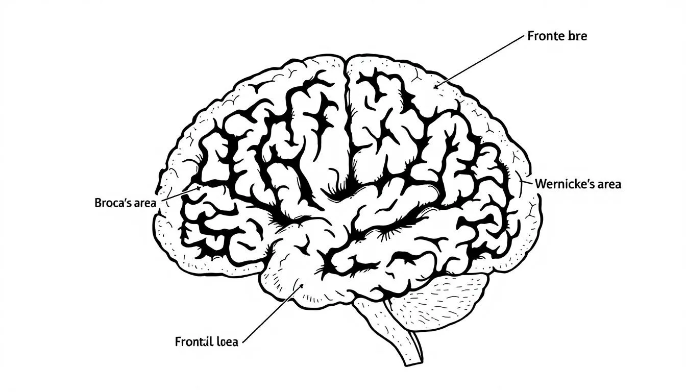 The image depicts a detailed brain anatomy diagram highlighting the areas responsible for speech and language, crucial for understanding cognitive communication difficulties often experienced after traumatic brain injuries. This educational tool is valuable for speech language pathologists and therapists working to improve communication skills and speech production in individuals recovering from brain injuries.