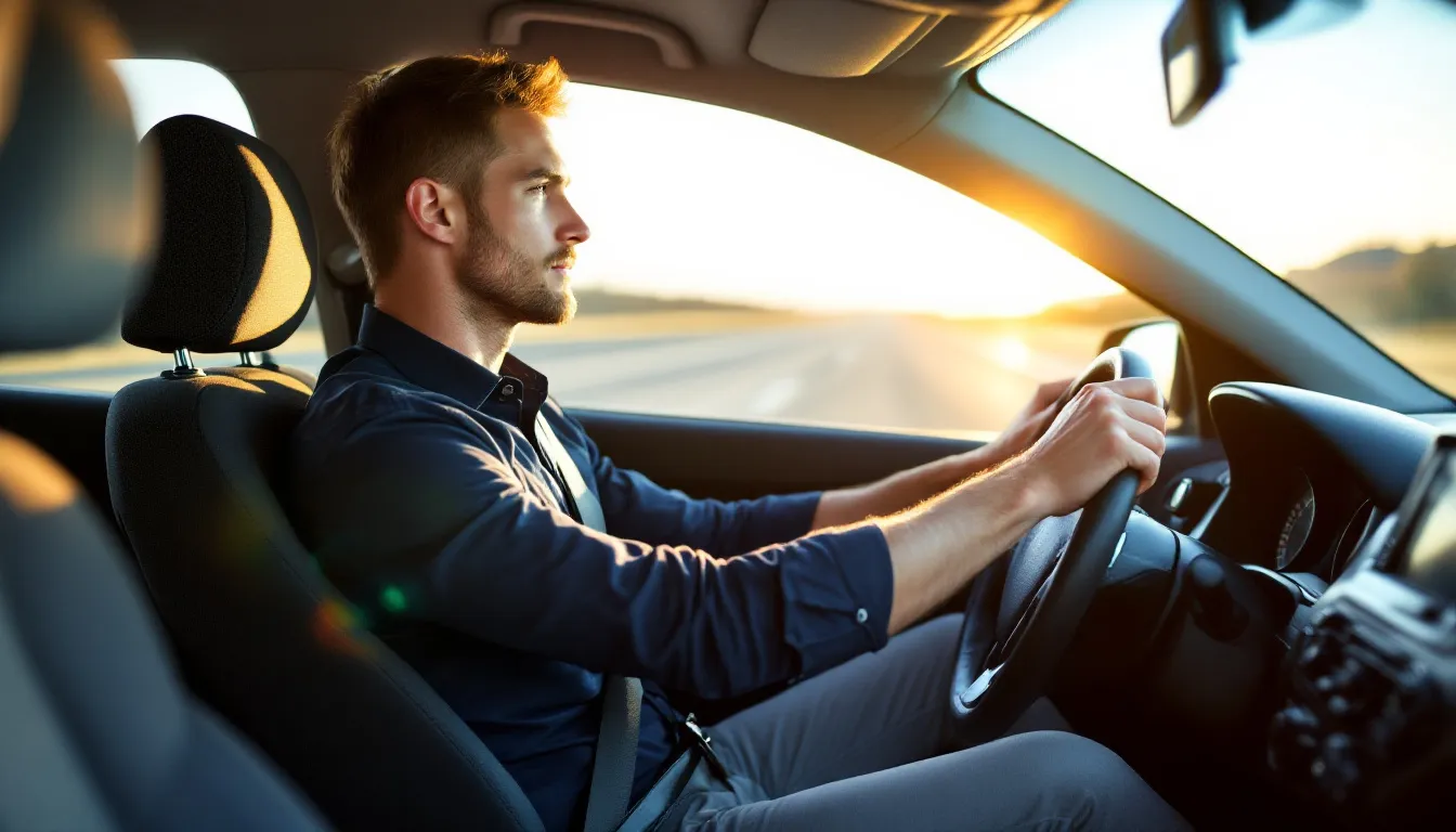 A driver in Texas is depicted wearing a seatbelt and concentrating on the road ahead, emphasizing the importance of safety while driving. This image serves as a reminder of the potential dangers of accidents and the role of the Corpus Christi Police Department in responding to incidents involving serious injuries.