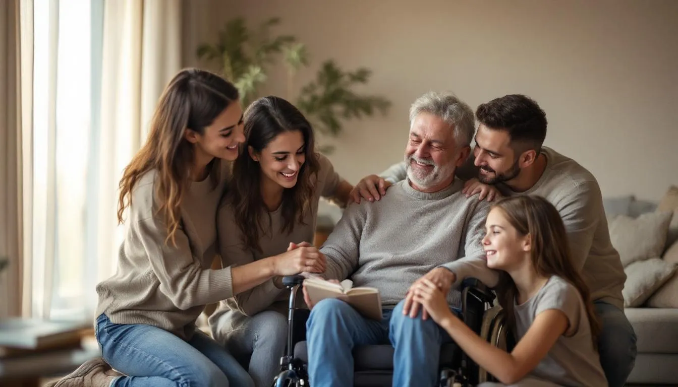 Brain Damage Rehabilitation: Complete Guide to Recovery and Treatment Options 4 The image depicts family members providing emotional support and encouragement to a brain injury survivor in a cozy home environment, highlighting the importance of family involvement in the brain injury rehabilitation process. This scene emphasizes the role of loved ones in aiding recovery and addressing the psychological and social challenges faced by individuals with traumatic brain injuries.