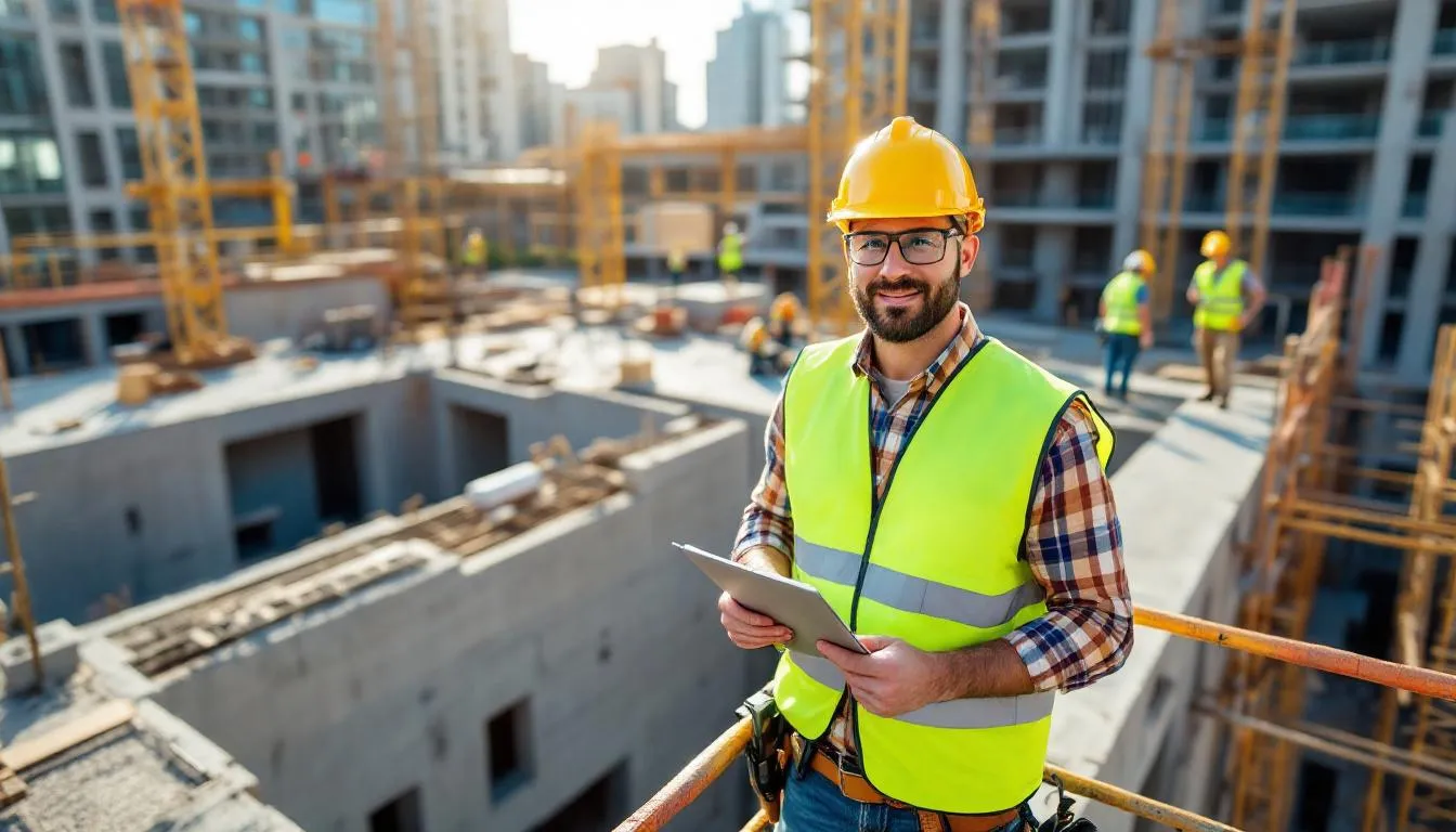 A construction worker, equipped with safety gear including a hard hat and reflective vest, is seen on a bustling construction site surrounded by scaffolding. This image highlights the importance of safety measures in the construction industry to prevent accidents and protect workers from potential injuries.