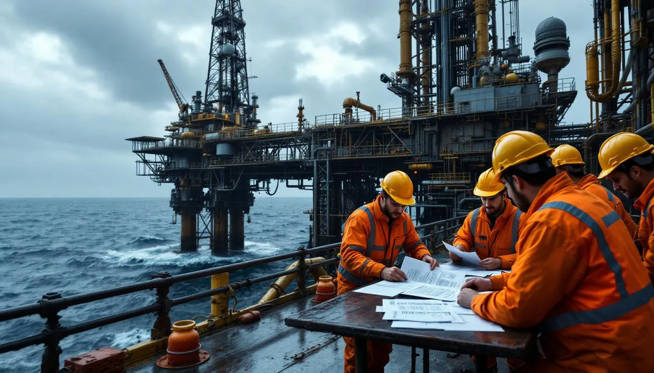 Oil and Gas Attorney: Expert Legal Counsel for Energy Industry Challenges 1 An oil drilling platform is depicted with workers gathered around, closely examining legal documents related to oil and gas projects. This scene highlights the intersection of the oil and gas industry and legal services, emphasizing the importance of contracts and agreements in managing oil and gas assets.
