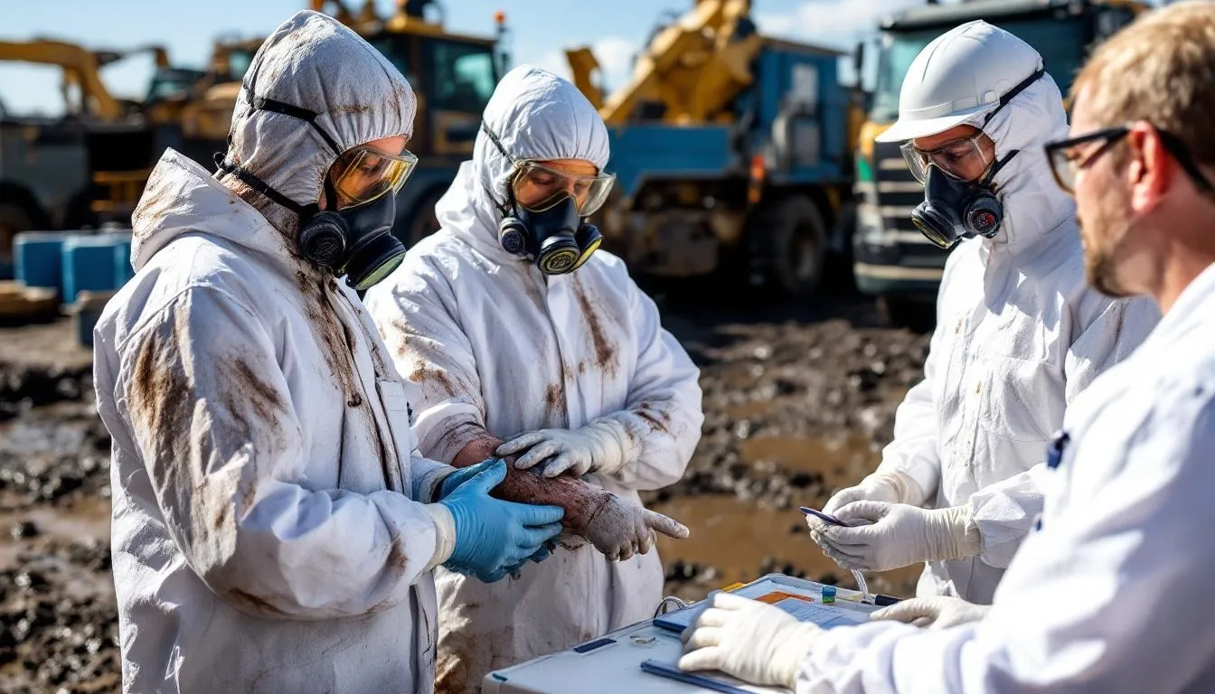 Medical personnel are seen treating oil spill cleanup workers who are dressed in protective gear, highlighting the safety measures taken in response to the deepwater horizon oil spill. The scene emphasizes the importance of health and safety for rig workers involved in offshore drilling and oil spill cleanup efforts.