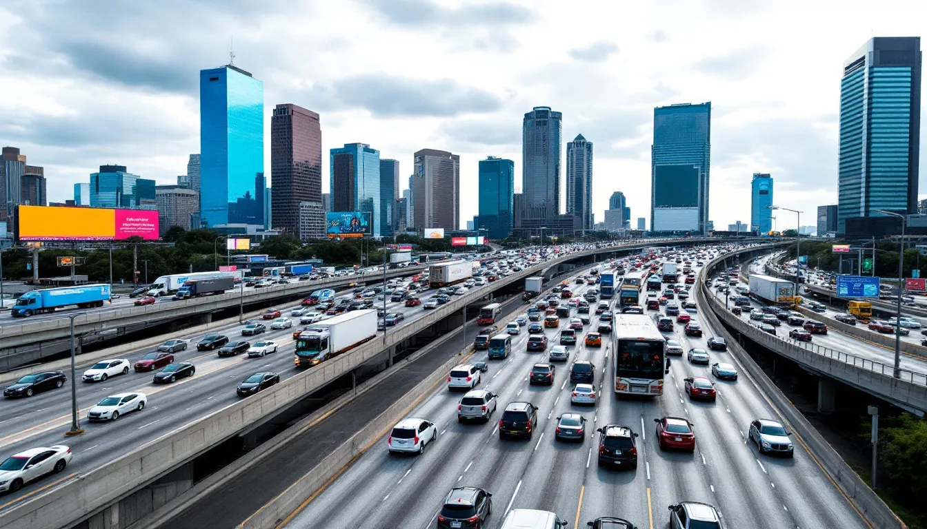 The image depicts a busy Houston highway interchange during peak hours, filled with heavy traffic. In the foreground, several vehicles are congested, while in the background, a scene involving a burning vehicle suggests a recent crash, prompting an investigation by Houston police.