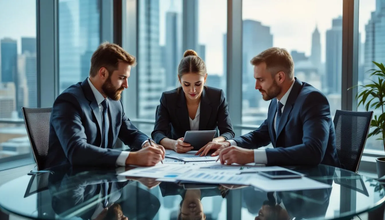 Oil and Gas Attorney: Expert Legal Counsel for Energy Industry Challenges 3 In a modern office, business professionals are intently reviewing financial documents, likely related to oil and gas transactions. The atmosphere is focused and collaborative, reflecting the importance of these discussions for oil and gas clients and their projects.