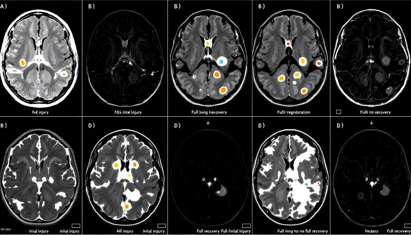 Chances of Recovery from Brain Swelling 3 The image depicts a series of brain scans illustrating the recovery progression over time following a traumatic brain injury. It highlights changes in brain tissue and intracranial pressure, showcasing the potential for improved brain function and reduced brain swelling in patients who receive timely and effective treatment.