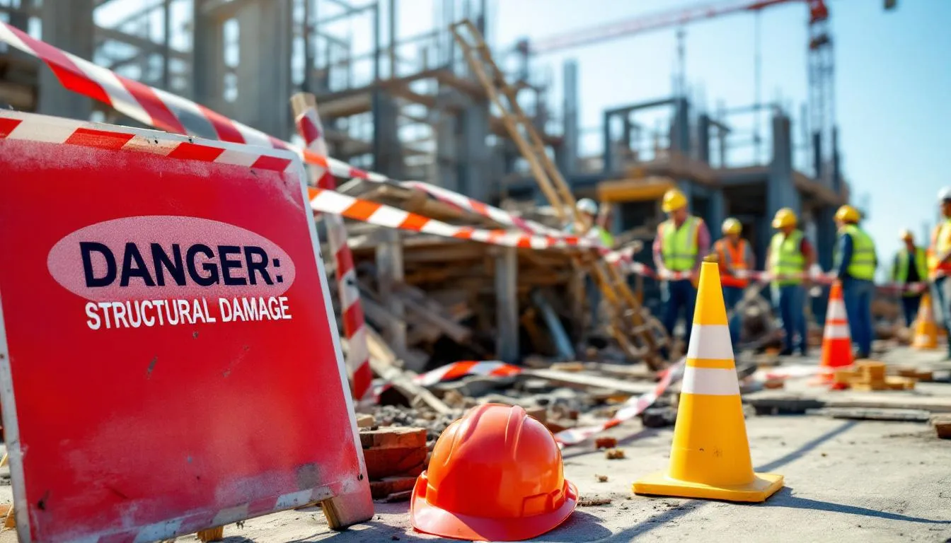 The image depicts a construction accident scene featuring safety equipment such as hard hats and safety cones, alongside warning signs indicating caution. This scene highlights the importance of safety measures on construction sites to prevent injuries and accidents among workers.