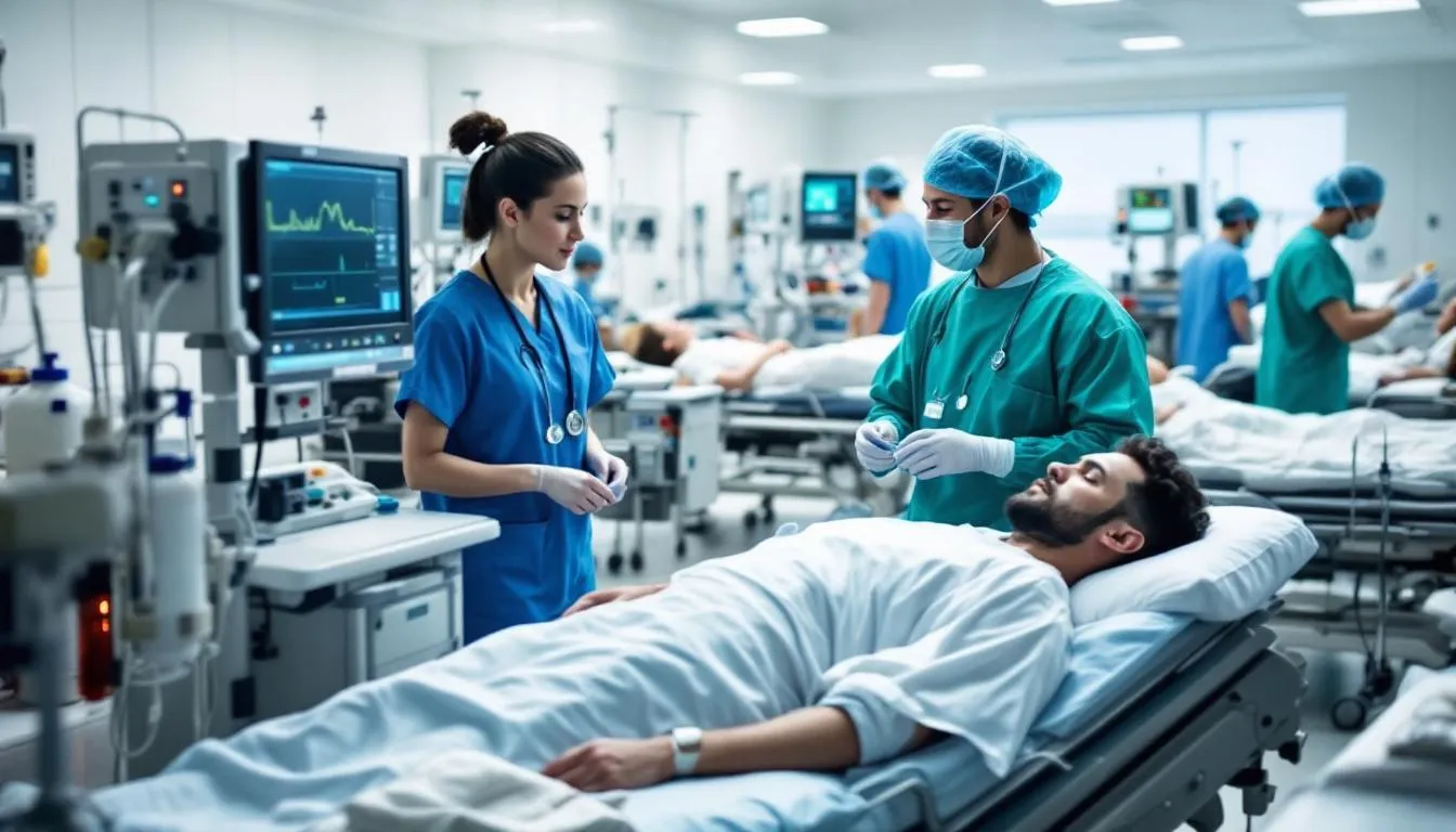 In an emergency room setting, medical professionals are actively treating a patient who appears to have sustained serious injuries, possibly from an oil field accident. The scene highlights the urgency of immediate medical care, emphasizing the importance of legal representation for injured workers facing medical expenses and potential personal injury claims.