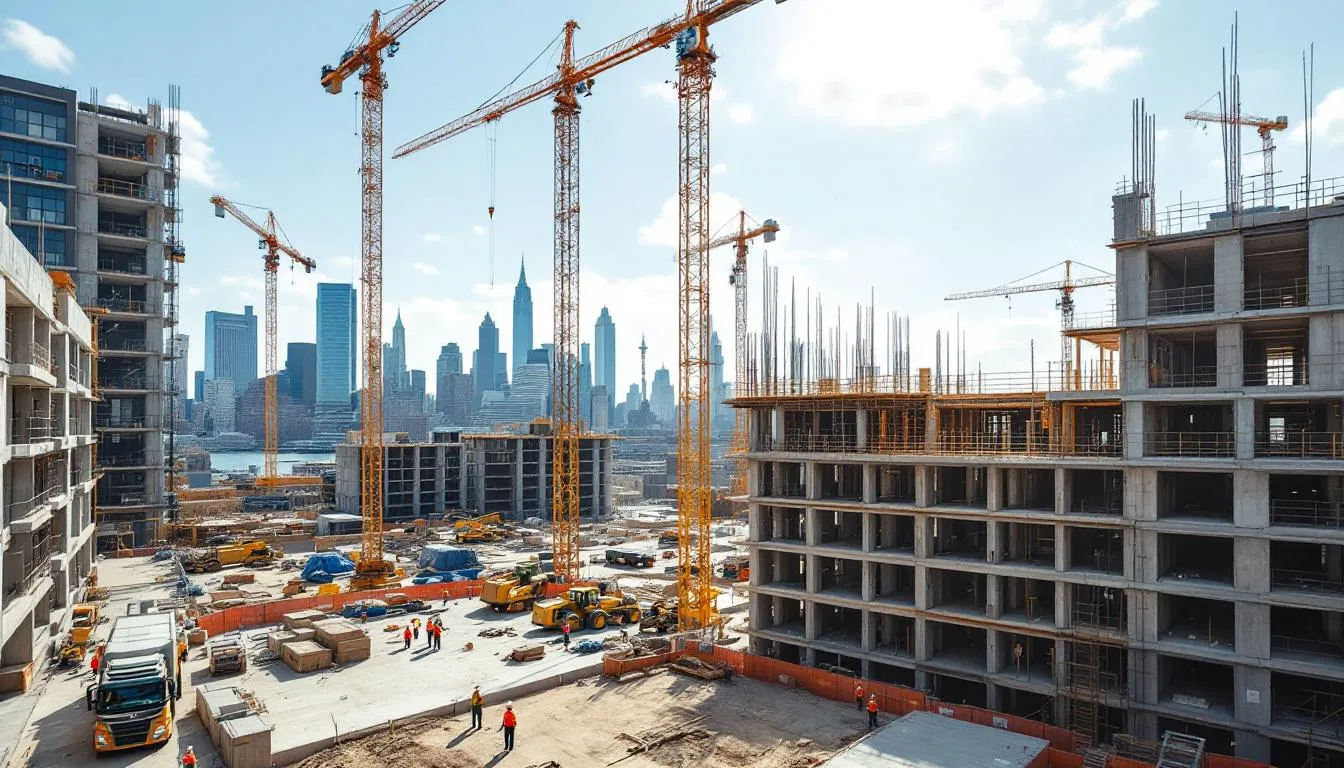 The image depicts a bustling construction site in New York City, featuring towering cranes and partially completed buildings, with construction workers actively engaged in their tasks. This scene highlights the dynamic nature of the construction industry, where safety measures are crucial to prevent construction site accidents and protect workers from injuries.