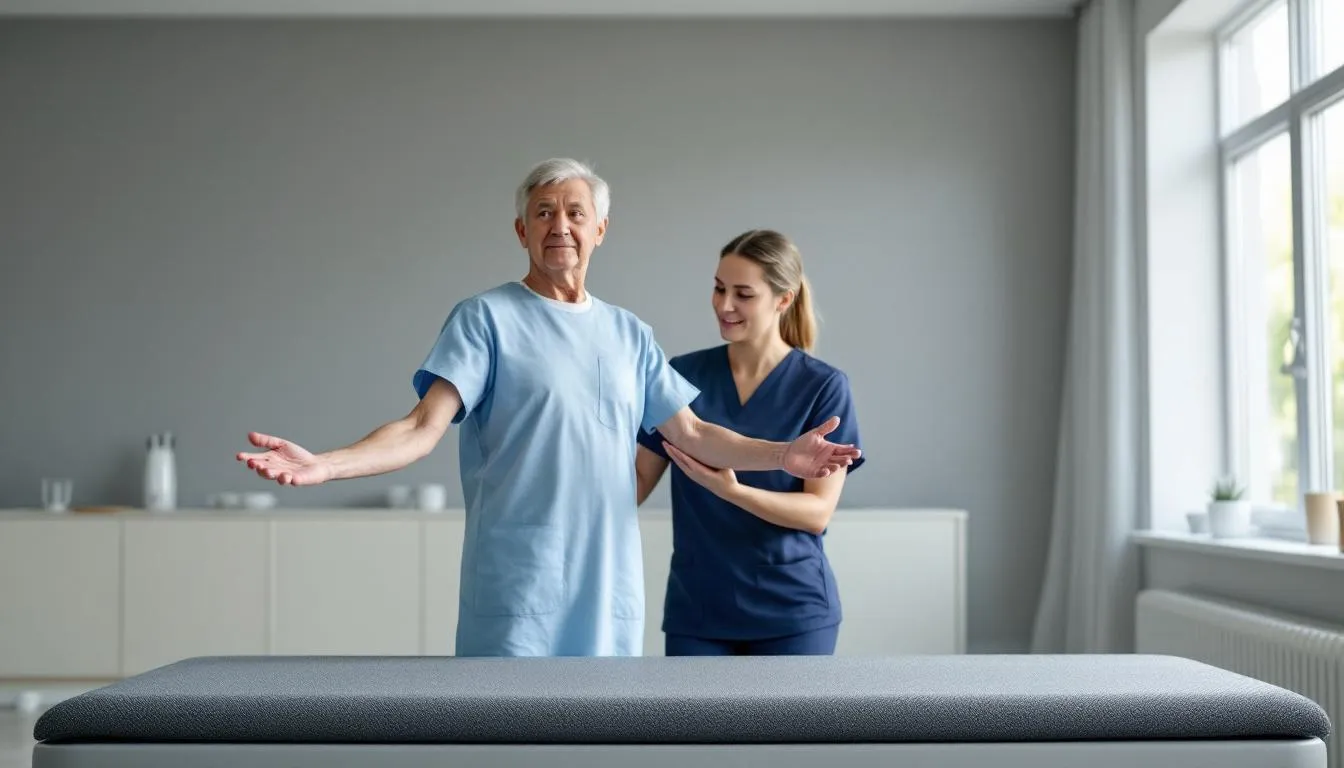 A brain injury patient is engaging in balance exercises on specialized equipment under the supervision of a physical therapist, focusing on improving physical function and addressing balance deficits as part of their rehabilitation process for traumatic brain injury. The setting emphasizes the importance of personalized treatment plans in brain injury rehabilitation.