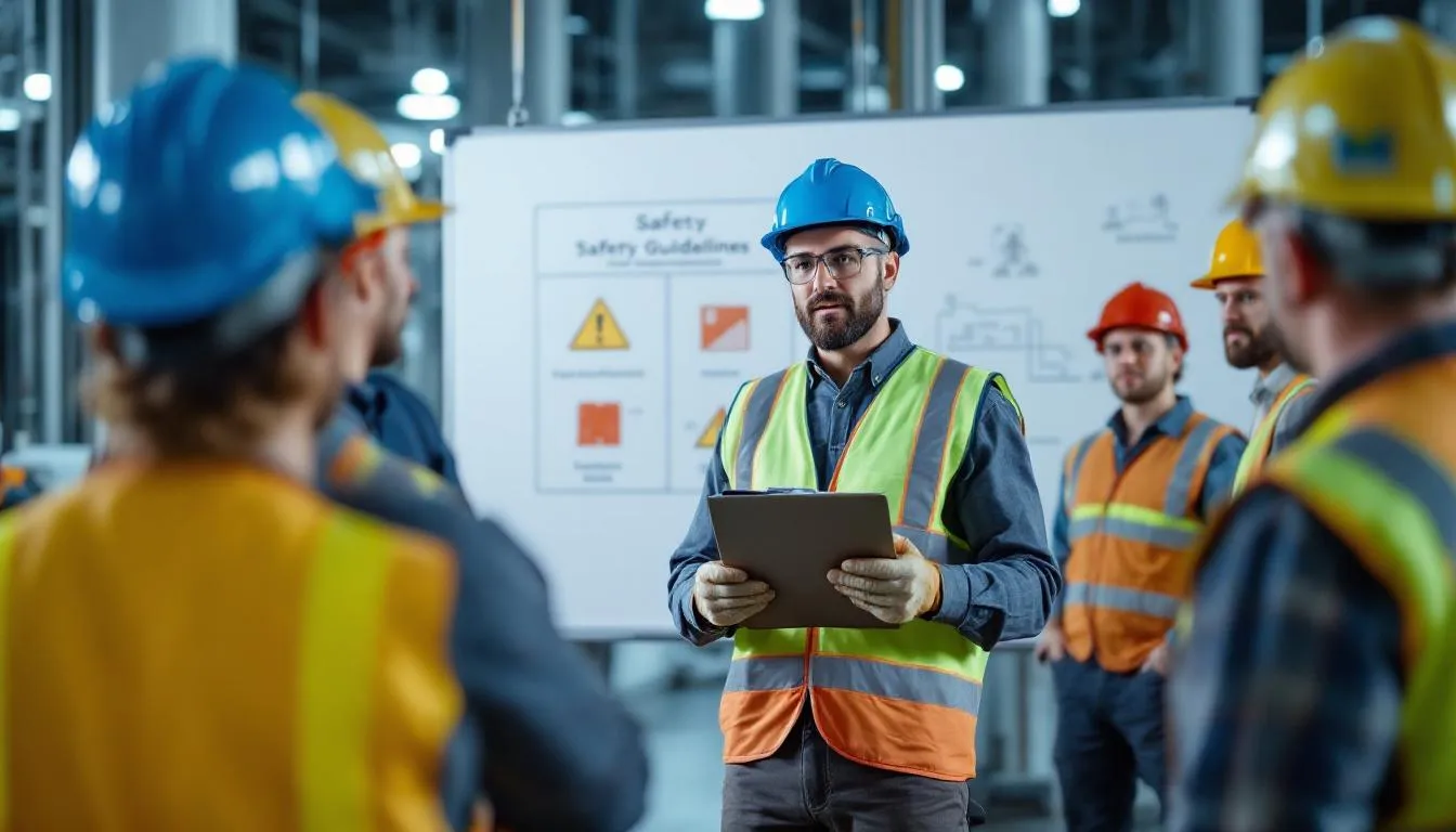 A safety manager is conducting a workplace training session, explaining safety procedures to a group of workers. The session focuses on preventing workplace injuries and understanding the incident report process to avoid future accidents.