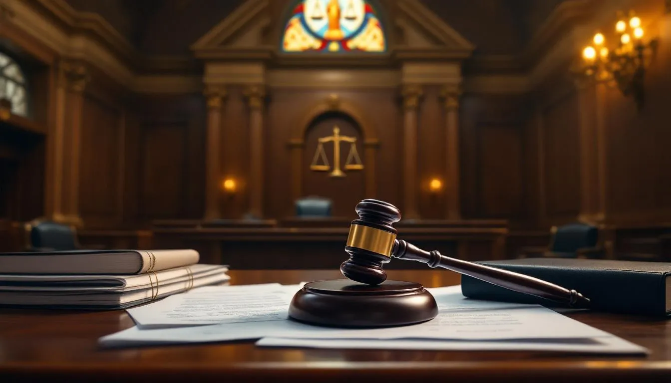 The image depicts a courtroom scene featuring a judge's gavel resting on a wooden bench, surrounded by legal documents and files. This setting symbolizes the legal process involved in personal injury lawsuits, such as those related to boating accidents, where parties seek fair compensation for injuries and damages.