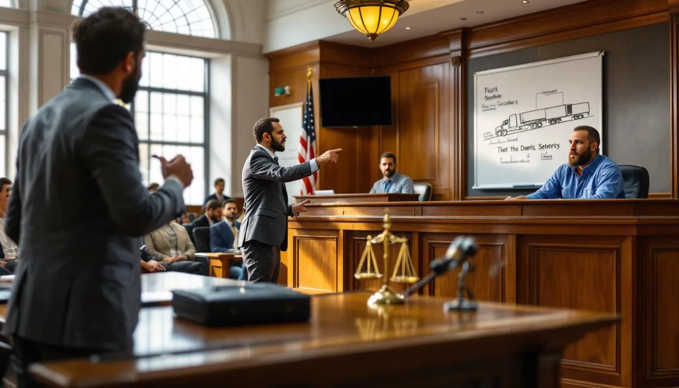 The image depicts a courtroom scene where an experienced truck accident attorney is presenting a case related to a truck accident, with a judge and jury attentively listening. The atmosphere reflects the serious nature of truck accident litigation, emphasizing the legal proceedings involved in seeking justice for truck accident victims.