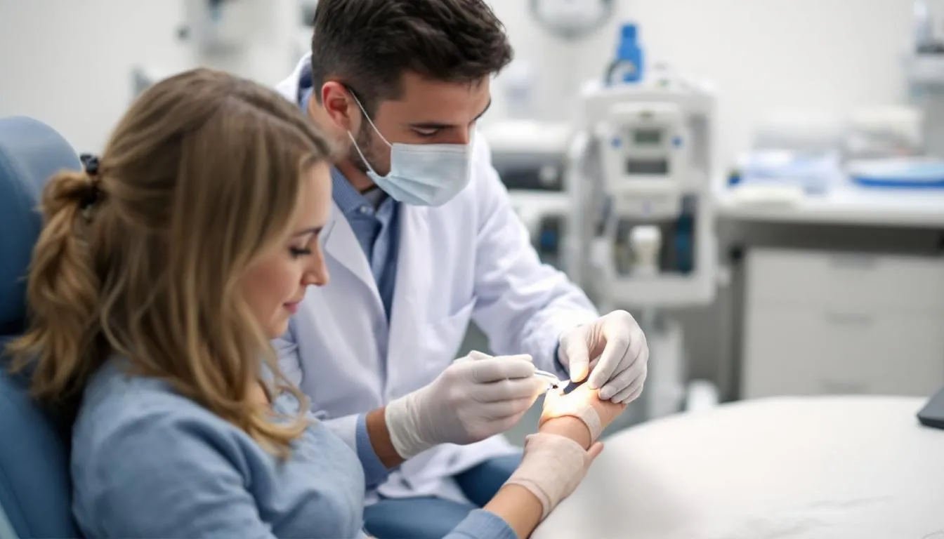 A medical professional is examining an injured worker's hand in a clinical setting, focusing on the treatment necessary for the workplace injury. The scene highlights the importance of medical care and workers compensation benefits for individuals injured on the job.