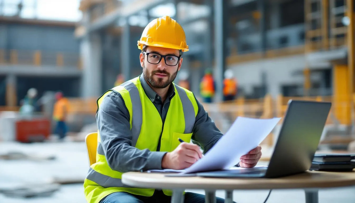 A safety supervisor is conducting a witness interview while holding a clipboard and wearing safety equipment, aimed at gathering crucial details for an incident report regarding workplace accidents. This process is essential for documenting the circumstances surrounding the incident and preventing similar incidents in the future.