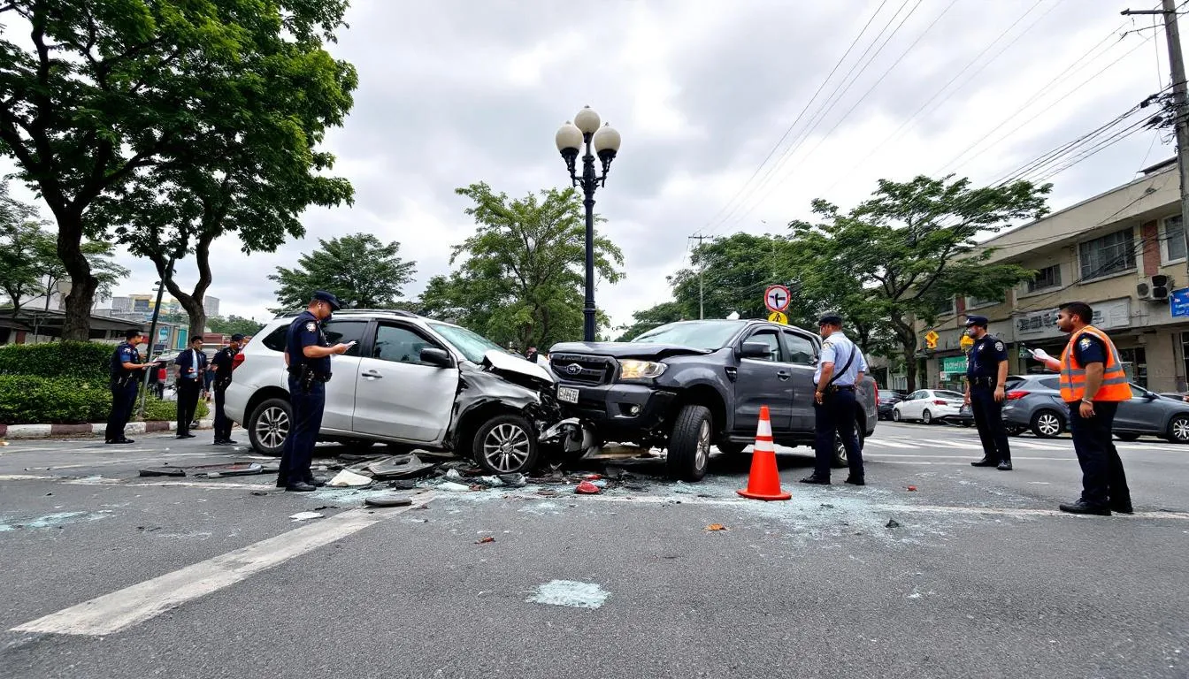 Auto Car Accident Lawyer: Your Complete Guide to Legal Representation After a Crash 2 The image depicts a car accident scene with two damaged vehicles, surrounded by police officers conducting an investigation. The aftermath highlights the seriousness of car accidents, emphasizing the need for experienced car accident attorneys to assist victims in navigating the legal process and insurance claims.