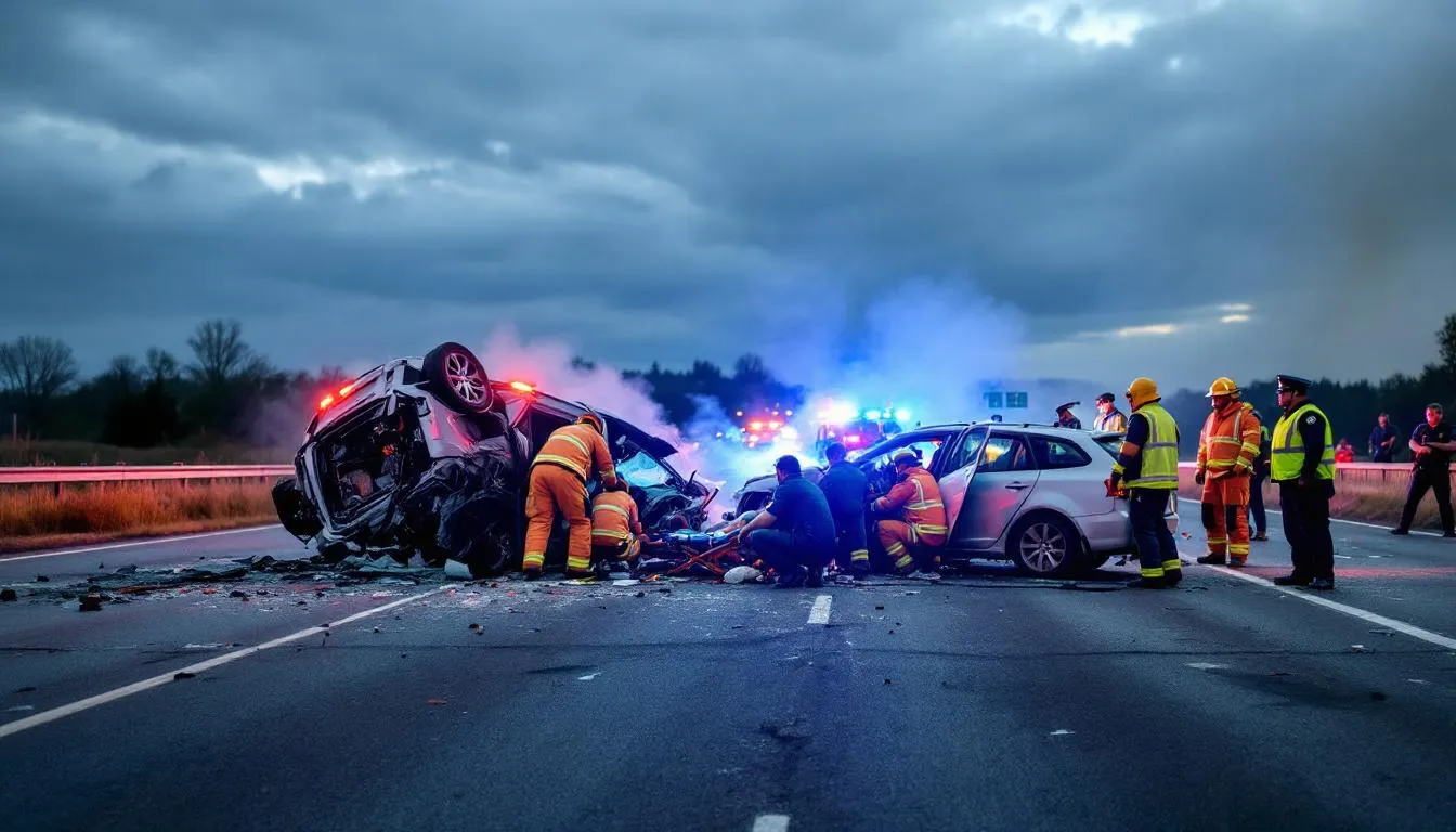 Personal Injury Law Attorney: Your Guide to Legal Representation After an Accident 2 Emergency responders are actively tending to a serious car accident scene, surrounded by damaged vehicles and debris. This scenario highlights the importance of personal injury law, as accident victims may need legal assistance to navigate their personal injury claims and recover compensation for medical bills and lost income.