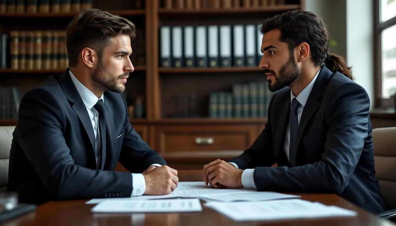 A lawyer and a client are engaged in a professional meeting, discussing legal documents related to a truck accident case. The setting conveys a serious atmosphere as they review important paperwork that may involve personal injury claims and the complexities of truck accident law.
