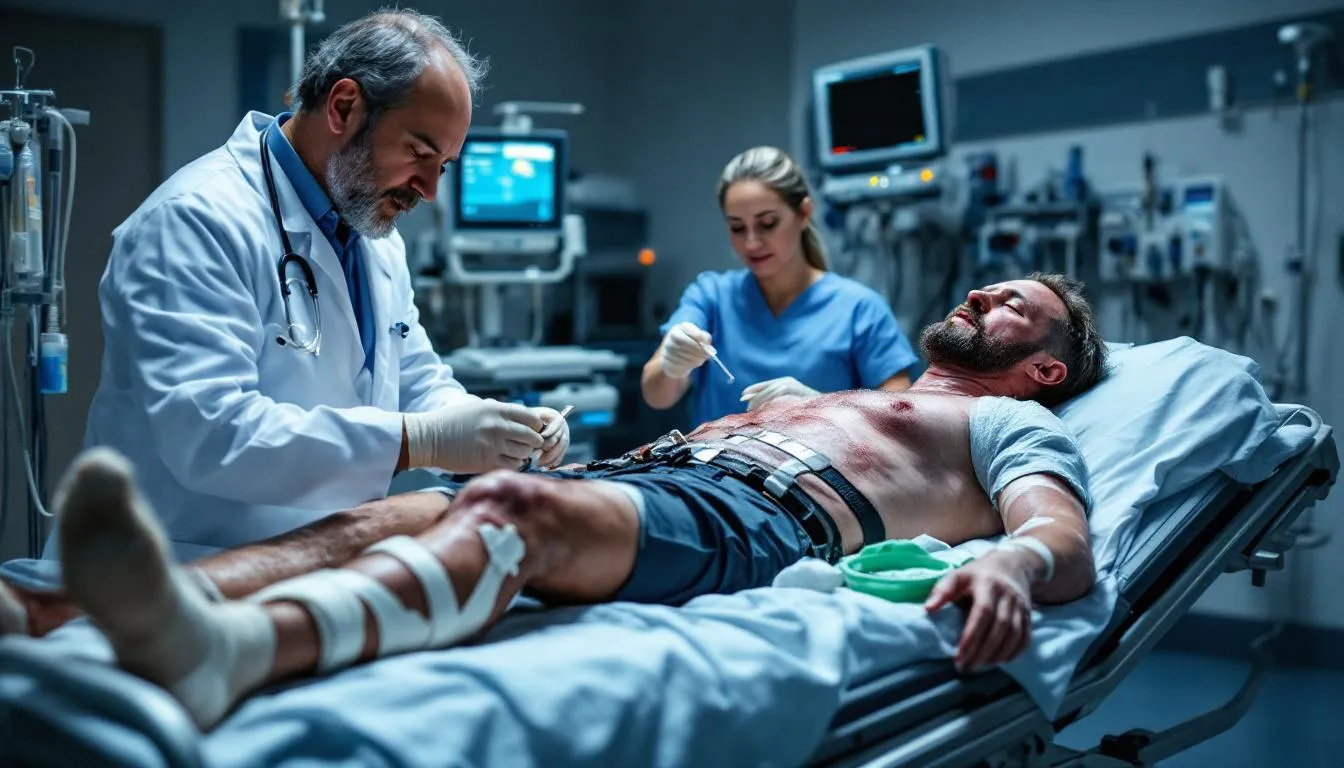 The image depicts a medical professional in an emergency room treating a motorcycle accident victim who has sustained severe injuries. The scene highlights the urgency of medical treatment, emphasizing the importance of support for injured riders and their potential personal injury claims.