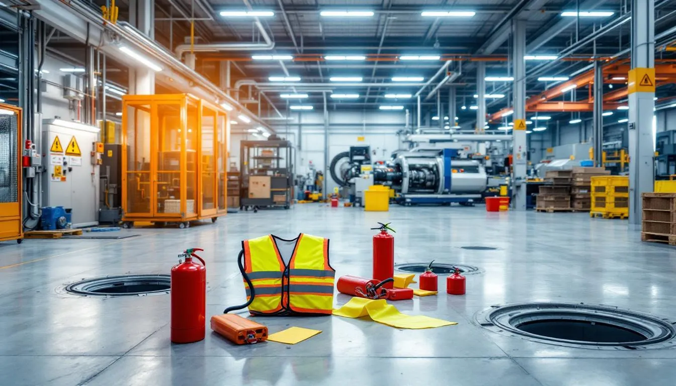 The image depicts an industrial workplace equipped with various safety gear, including helmets, gloves, and protective eyewear, highlighting potential hazard areas marked with caution signs. This scene emphasizes the importance of occupational safety and the need for incident reports to prevent future accidents and workplace injuries.