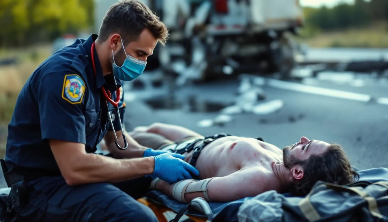 Rear Ended by Semi Truck Settlement: What to Expect in 2024 3 A medical professional is seen treating a patient who has sustained serious injuries, likely from a truck accident, including potential traumatic brain injuries. The scene emphasizes the importance of medical treatment following rear end truck accidents, highlighting the ongoing support needed for accident victims facing mounting medical bills and recovery challenges.