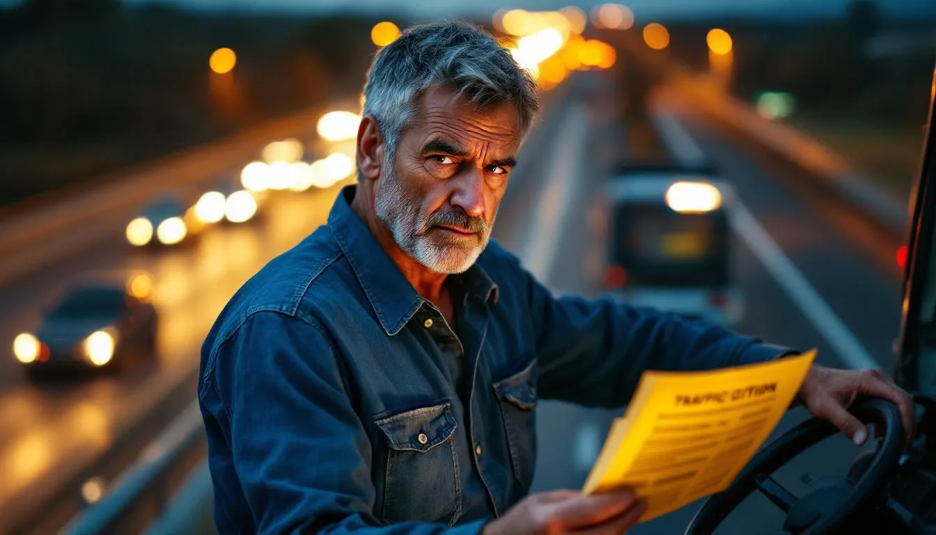 A worried truck driver is holding a traffic citation, looking concerned about the potential impact on their commercial driver's license and driving record. The image captures the stress associated with facing possible penalties and legal representation for traffic offenses.