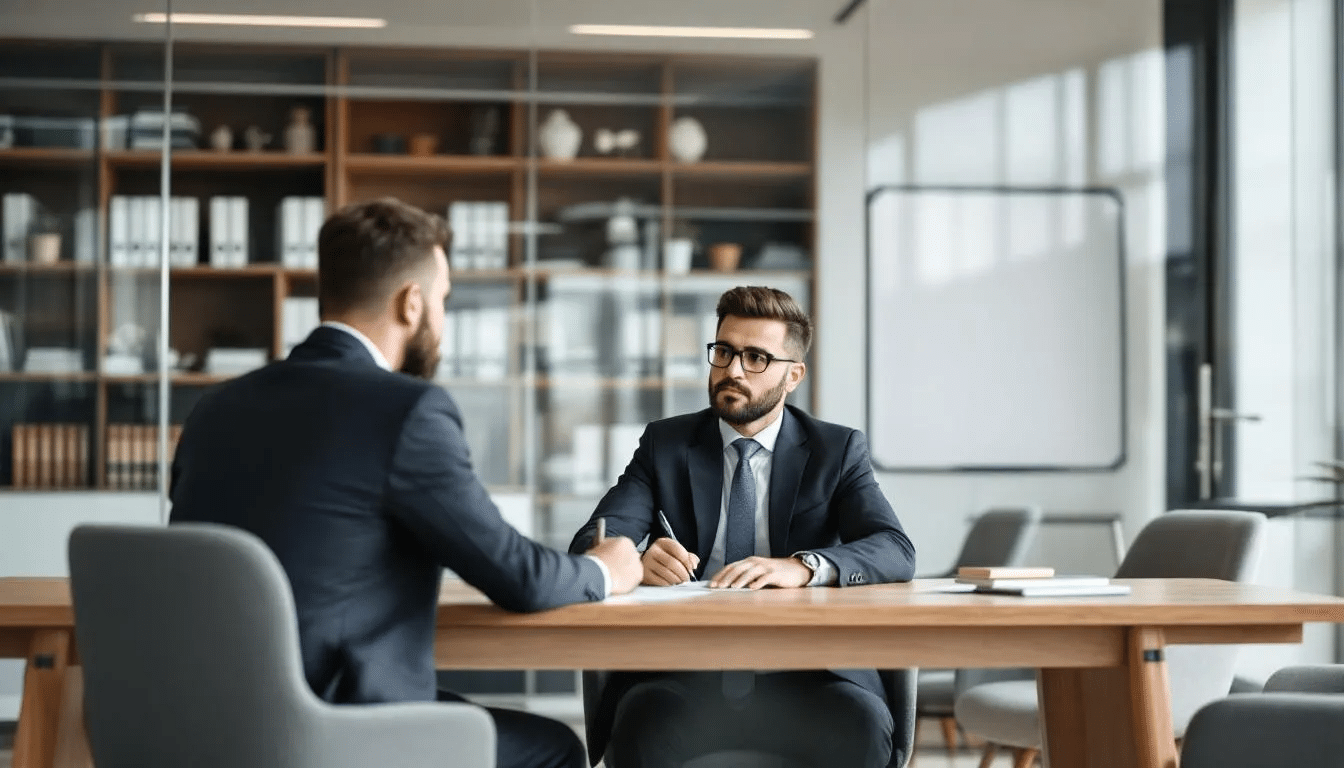 A worker is sitting at a desk in a professional law office, consulting with a workers compensation attorney about their workplace injury. They are discussing legal options and the process to file a workers comp claim to obtain compensation for lost wages and medical expenses after being injured at work.