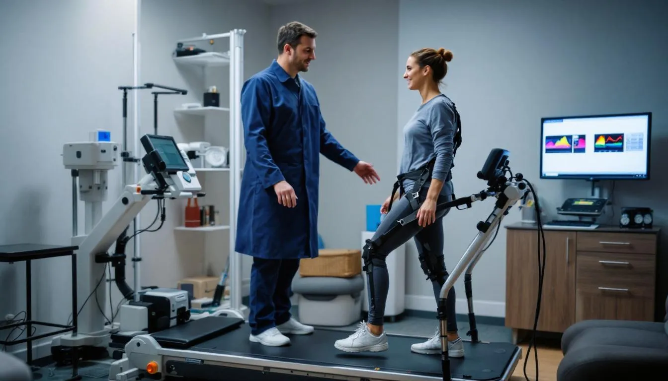 A physical therapist with advanced neurological training is assisting a brain injury patient on specialized balance equipment, focusing on improving their physical function and addressing balance deficits. This rehabilitation session is part of the patient's recovery journey following a traumatic brain injury.