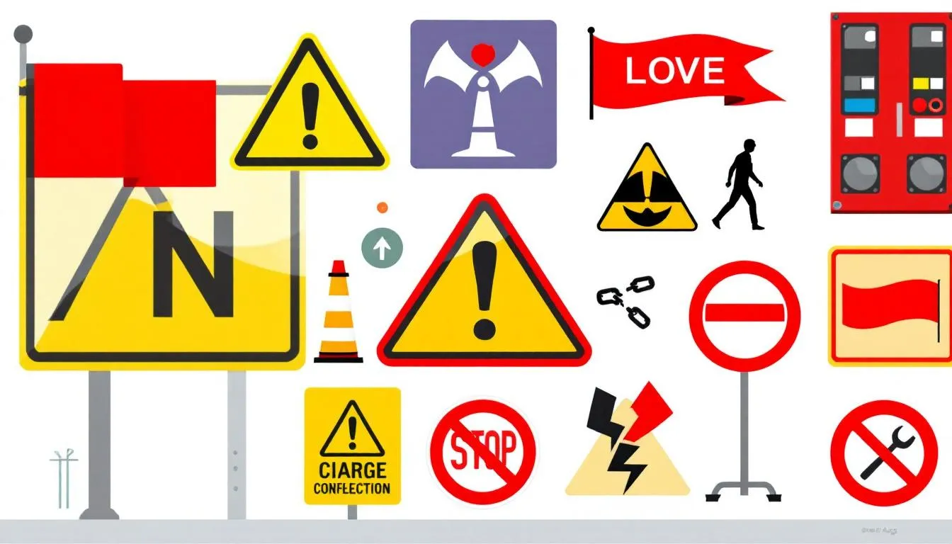 The image illustrates various warning signs and red flags associated with truck accidents, featuring symbols like caution triangles and exclamation marks, emphasizing the importance of being aware of potential dangers on the road. This visual serves as a reminder for truck accident victims to seek assistance from experienced truck accident attorneys to navigate their claims effectively.