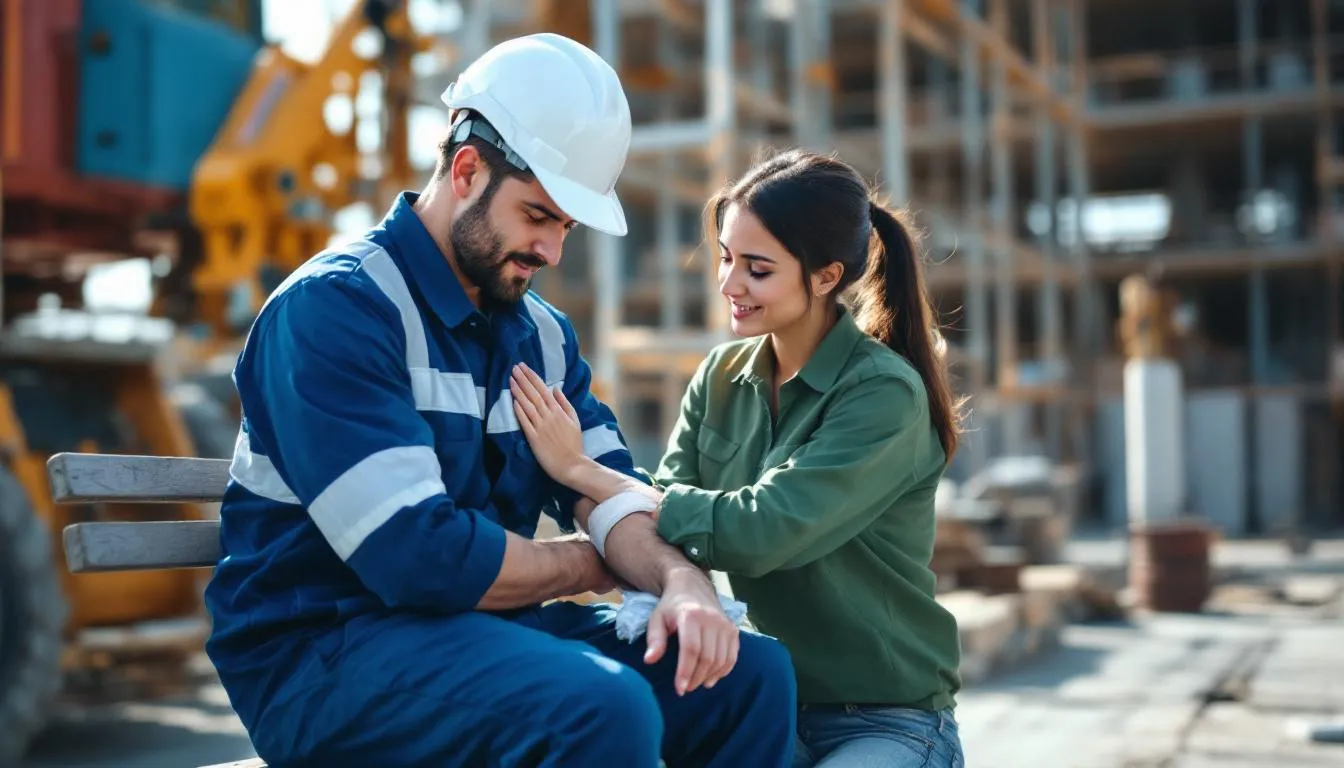 A worker is receiving immediate first aid treatment from a colleague after experiencing a workplace injury. This scene highlights the importance of quick medical care and support for injured employees in the event of job-related accidents.