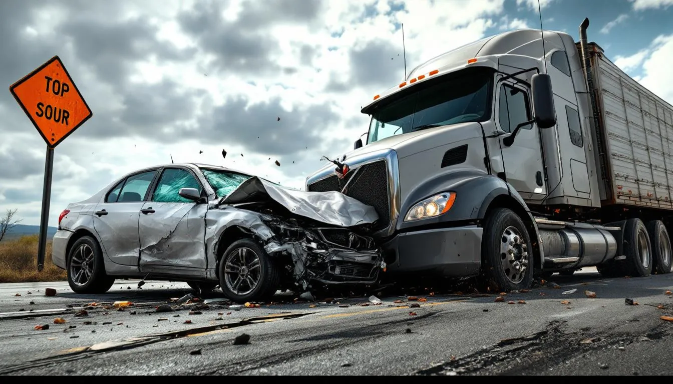The image shows a damaged passenger car positioned beside a large commercial truck, indicating a serious truck accident. This scene highlights the potential for severe injuries and property damage often associated with truck crashes, emphasizing the need for experienced truck accident attorneys to assist victims in navigating their claims.