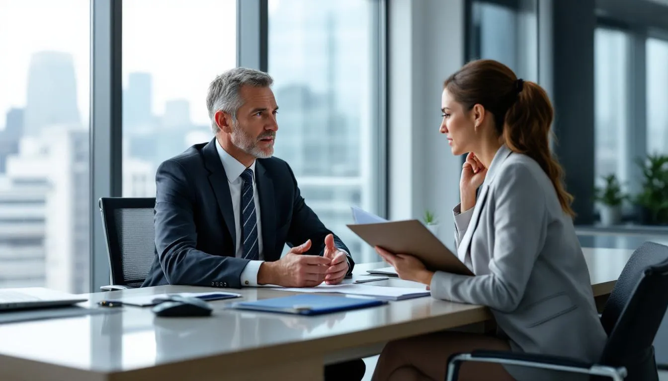 In a modern law office, a professional personal injury attorney is consulting with an injured client, discussing the details of their personal injury claim. The atmosphere is focused and supportive, emphasizing the attorney's commitment to helping the client navigate the legal process and seek financial compensation for their injuries.