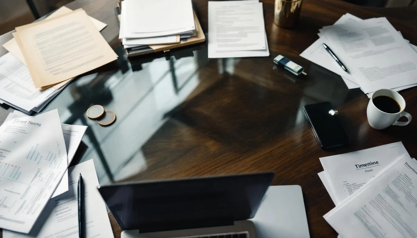 The image depicts a cluttered attorney's desk filled with legal documents, timeline charts, and notes related to motorcycle accident cases, emphasizing the complexity of personal injury claims for motorcycle accident victims. The scene reflects the diligent work of an experienced motorcycle accident attorney preparing to seek compensation for injured riders.