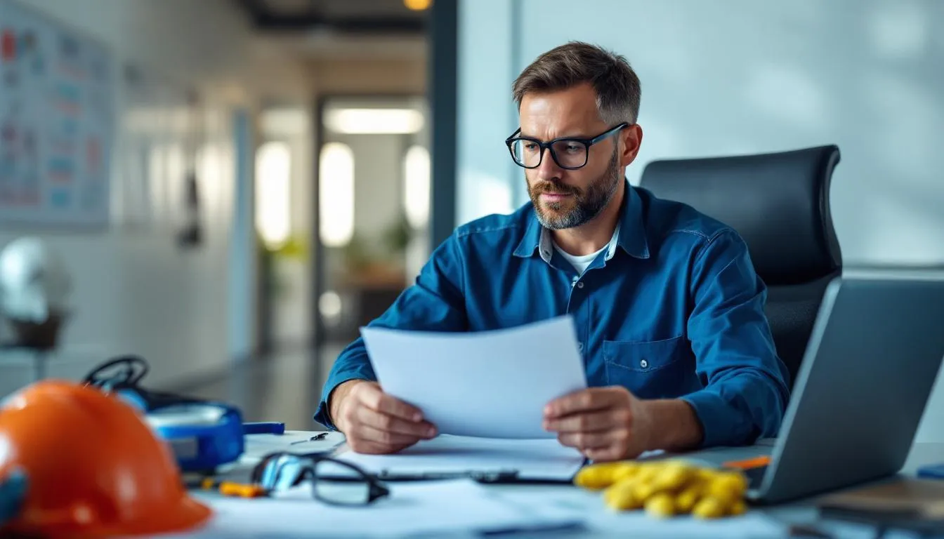 A workplace safety manager is seated at a desk, reviewing incident reports related to workplace accidents, with safety equipment visible in the background. The manager is focused on documenting details to prevent future accidents and ensure timely medical attention for injured workers.